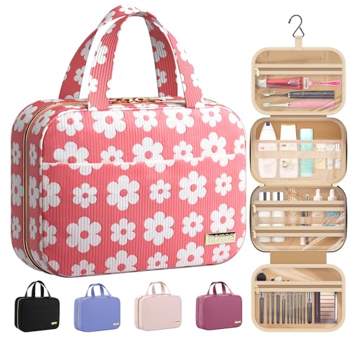 HOTOR Travel Toiletry Bag - Hanging Toiletry Bag for Women & Men, Makeup Bag/Big Comparment, Waterproof for Travel Accessories, Travel Essentials, Medium, Pink with White Daisy - color: Pink with White Daisy, size: Medium