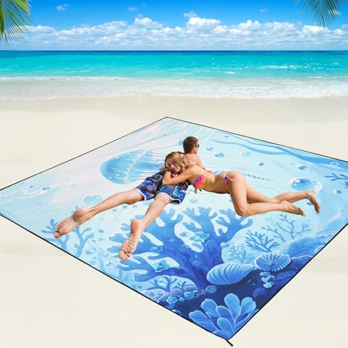 WIWIGO Beach Blanket Waterproof Sandproof Beach Mat 79" X 83"/10'x9'for 2-8 Adults Quick Drying Outdoor Picnic Mat Beach Accessories for Travel, Camping, Hiking - color: 3d-jellyfish, size: 79" X 83"（1-4person）