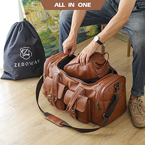 Zeroway PU Leather Travel Duffel Bag with Toiletry Dopp Kit and Laundry Bag, Weekender Overnight bag Luggage Carry-On Bag with Shoe Pouch for Men or Women Brown - color: Brown-travel set