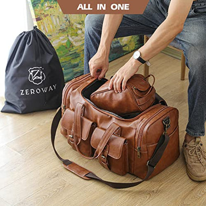 Zeroway PU Leather Travel Duffel Bag with Toiletry Dopp Kit and Laundry Bag, Weekender Overnight bag Luggage Carry-On Bag with Shoe Pouch for Men or Women Brown - color: Brown-travel set