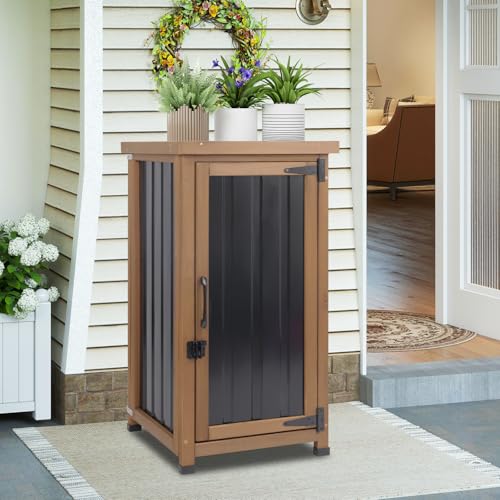 Outdoor Storage Cabinet Waterproof with Metal Top, Wooden Potting Bench Table Tool Organizer with Adjustable Shelf for Patio Backyard Garden - size: 18"L x 18"W x 33.5"H