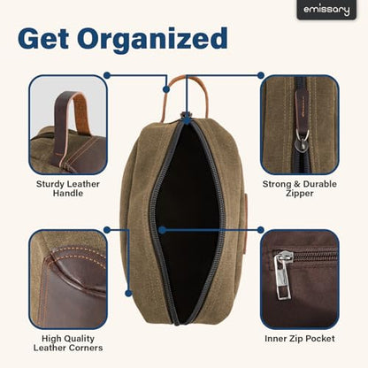Emissary Men's Leather and Canvas Travel Toiletry Bag, Dopp Kit, Travel Bathroom Bag, Shaving Kit, Small Bags for Travel Accessories (Brown) - color: Brown