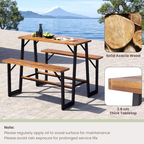 Giantex 4.5FT Picnic Table Bench Set for 4, Acacia Wood Outdoor Dining Table Set, 2" Umbrella Hole, Heavy Duty Metal Frame, Footrest Bar, Large Rectangular Tabletop for Porch Patio Lawn Garden - size: 54"×49.5"×39.5"