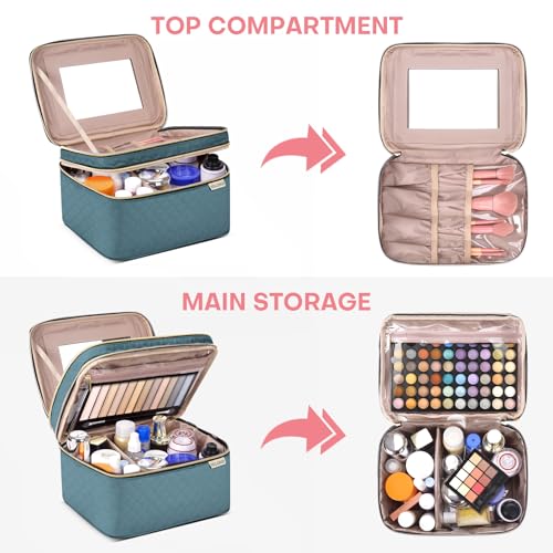 HXLGMD Large Makeup Bag with Mirror Double Layer Travel Make Up Organizer Case, Large Capacity Coemetic with Brush Slot Divider, Travel Toiletry Bag for Women (Lake Blue) - color: Lake Blue