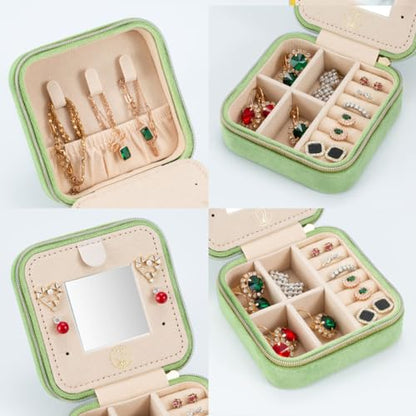 ZPROW Plush Velvet Travel Jewelry Case, Travel Jewelry Organizer, Jewelry Travel Case, Travel Jewelry Box, Small Jewelry Case, Jewelry Travel Box, Earring Organizer with Mirror - LightGreen - color: Velvet 1 Pack - LightGreen