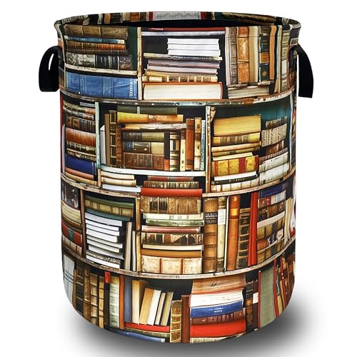 Retro Wooden Bookshelf Laundry Basket Oxford Cloth Books Laundry Hamper With Handle Foldable Portable Clothes Storage Basket Funny Laundry Bag 18.9"x16.5" For Laundry Room/Bedroom/Bathrooms - color: Vintage Bookshelf Wooden Pattern