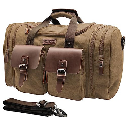 Wildroad 50L Travel Duffel Bag, Expandable Canvas Genuine Leather Duffle Bag Upgraded Overnight Weekender Carry on Bag - color: Coffee, size: Large-50L Duffle Bag
