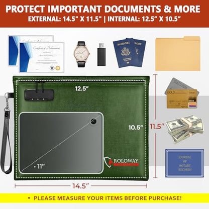 ROLOWAY Fireproof Document Bag (14.5 x 11.5 inch), 6400℉ Fireproof Money Bag with Zipper for Cash, Fire Safe Money Pouch with Lock (Green) - color: Green