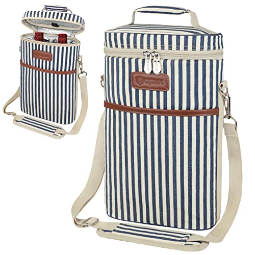 opux 2 Bottle Wine Carrier Tote, Insulated Leakproof Wine Cooler Bag, Wine Travel Bag for Picnic BYOB Beach, Portable Wine Bottle Carrying Case, Gift for Wine Lover Women Men Christmas,Stripe - color: Navy Stripes