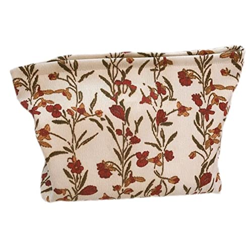 SxoSyo Floral Makeup Bag, Corduroy Cosmetic Bags, Beige | make up brushes pouch, travel toiletry zipper purse, flowers canvas pouches - color: Beige, style: Flowers and Plants