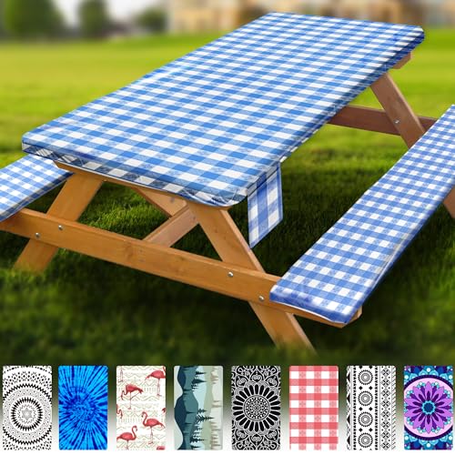 Fitted Picnic Table Cover with Bench Covers Vinyl Waterproof Elastic Edges Fitted Rectangle Tables Patio Tablecloth Camping Gear and Essentials Rv Accessories Road Trip Supplies Car Travel Must Haves - color: Blue Grid, size: 72in