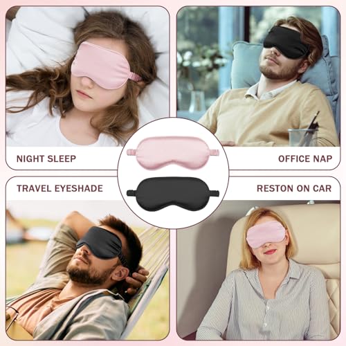 Amrules Sleep Mask Set of 2, Adjustable Silk Eye Mask for Sleeping, Soft Sleeping Eye Shade Cover for Women, Good for Blocking Light, Reducing Puffiness, Enhancing Sleep Quality (Blush Pink & Black)