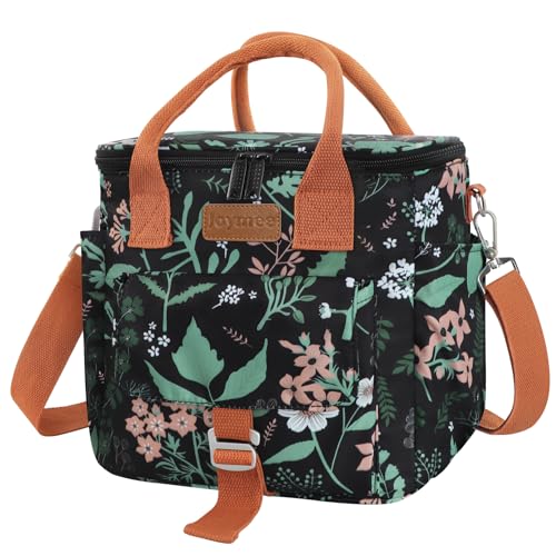 Joymee Large Insulated Lunch Bag Women Reusable Waterproof - Green Leaf | Large Spacious, Cooler Lunch Bag, Adjustable Shoulder Strap, With Side Pocket, Bottle Holder, for Office Work Picnic Travel - color: Green Leaf