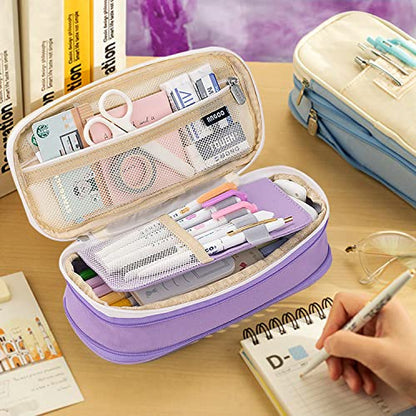 Large Capacity Pencil Case, Expandable Stationery Bag with Zipper compartments, Aesthetic Pencil Case Pouch for Office College School Students Teen Girls Boys - color: Purple Beige