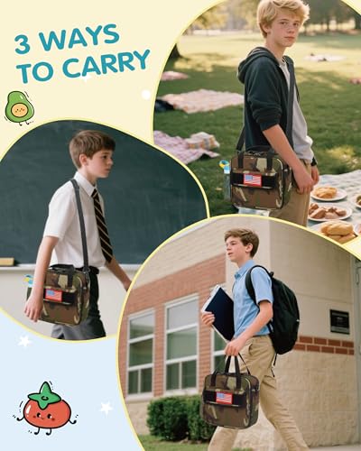 Tactical-style Lunch Bag 5L Kids Lunch Bag with Adjustable Shoulder Strap Easy to Clean Leakproof Wipeable liner Toddler Lunch Box Bag for Boys Girls School and Daycare - color: Green Camo