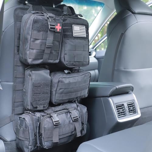 Jimikay Tactical Car Seat Back Organizer Hanger Bag with 5 Detachable Molle Pouch Vehicle Molle Panel Organizer Storage Bag Universal for for most car models (Black) - color: Black
