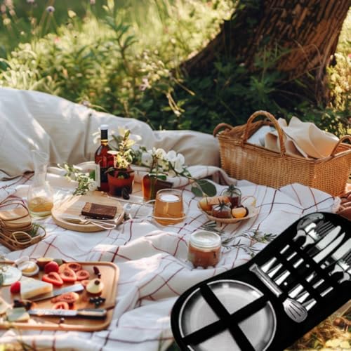 Outdoor Camping Silverware Set Flatware Organizer Cutlery Picnic Set Stainless Steel Includes Forks, Spoons, Knives, Chopsticks, Food Holders, Plates - Portable Flatware Bags