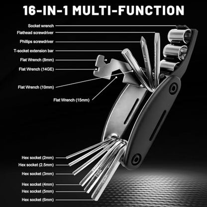 Motorcycle Bike Repair Tool Kit, 16-in-1 Foldable Multi Function Tool with Hex Wrench & Screwdriver, Portable Multitool Cycling Repair Tools for Motorcycle Bicycle Mountain Bike