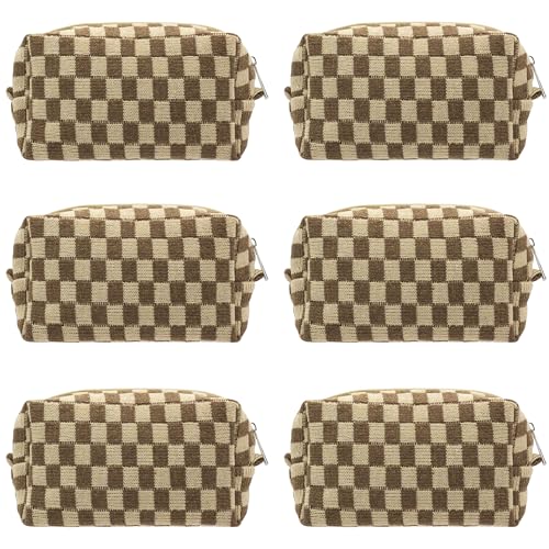 PAZIMIIK Checkered Makeup Bag for Purse Portable Zipper Make Up Pouch Small Cosmetic Case for Travel Accessories (6PCS Coffee) - color: COFFEE, size: 6PCS BOX POUCH