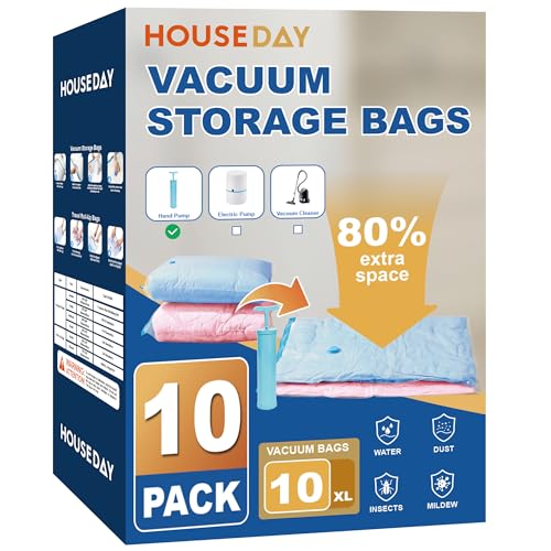 HOUSE DAY 10 Jumbo Vacuum Storage Bags with Pump,Space Saving Vacuum Seal Bags For Clothing Travel, Vacuum Storage Bags For Clothes, Comforters, Blankets, Pillows, Bedding, Moving, Travel, Hand Pump - size: 10 Jumbo