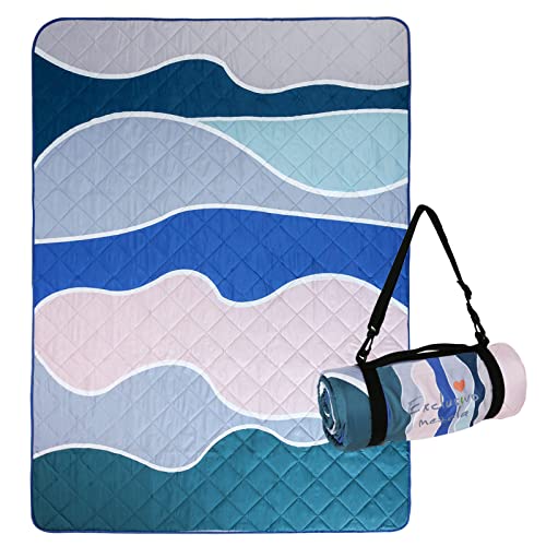 Exclusivo Mezcla Extra Large Waterproof Picnic Blankets 3 Layer, Sandproof and Foldable Outdoor Blanket for Beach Camping, Park and Travel - color: Waved Blue