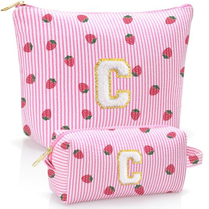 Personalized Initial Makeup Bag,Strawberry Print Preppy Cosmetic Toiletry Travel Bag,Trendy Letter Makeup Pouch for Teen Girls and Women,Holiday & Birthday Gift,2 Pack (C, Pink Strawberry) - style: C