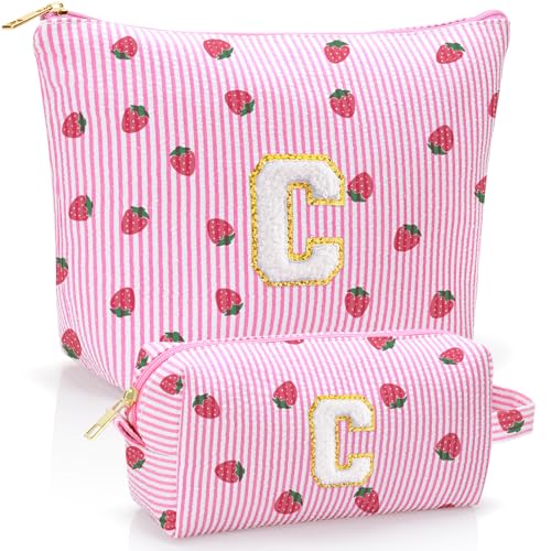 Personalized Initial Makeup Bag,Strawberry Print Preppy Cosmetic Toiletry Travel Bag,Trendy Letter Makeup Pouch for Teen Girls and Women,Holiday & Birthday Gift,2 Pack (C, Pink Strawberry) - style: C