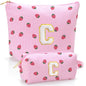 Personalized Initial Makeup Bag,Strawberry Print Preppy Cosmetic Toiletry Travel Bag,Trendy Letter Makeup Pouch for Teen Girls and Women,Holiday & Birthday Gift,2 Pack (C, Pink Strawberry) - style: C