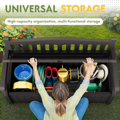 Greesum 80 Gallon Storage Bench Outdoor Deck Box with Armrest, Patio Furniture,Lockable, Waterproof and UV Resistant, Suitable for Garden, Pool, Brown - color: Brown, style: 80 Gallon