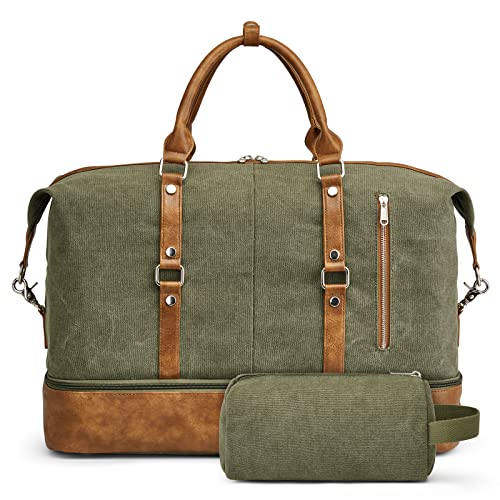 S-ZONE Weekender Bag for Men Canvas Duffle Large Weekend Overnight Travel Carry On Tote Bag with Shoe Compartment (Army Green) - color: B-Army Green