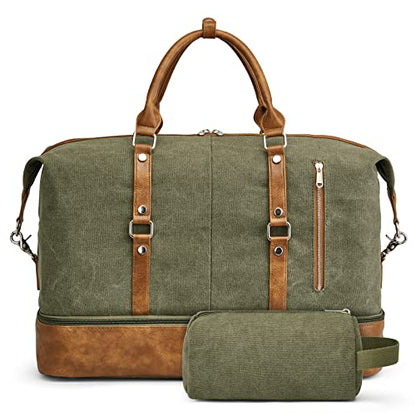 S-ZONE Weekender Bag for Men Canvas Duffle Large Weekend Overnight Travel Carry On Tote Bag with Shoe Compartment (Army Green) - color: B-Army Green