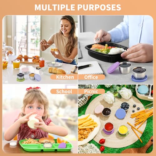 SANEXC 8 Pack - 2.4 Oz Small Salad Dressing Containers To Go, Leakproof Condiment Containers with Lids Reusable Stainless Steel Sauce Cups for Lunch Boxes Kitchen Storage Picnics Travel Meal Prep - color: 2.4 OZ-Multicolor