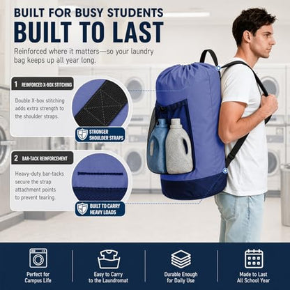 Backpack Laundry Bag, Durable polyster Laundry Backpack Bag with Shoulder Straps, Drawstring Closure & Mesh Pocket, Large Clothes Hamper for Dorm, Travel, Laundromat (Blue) - color: Blue