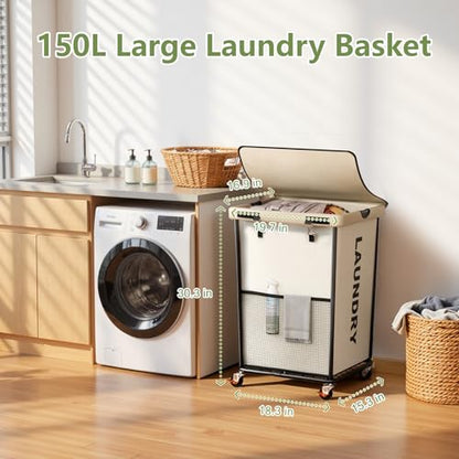 150L Laundry Basket with Wheels, Rolling Laundry Hamper with Cloth Cover, Laundry Cart with Metal Frame & Removable Bag, Large Dirty Clothes Hampers for Bedroom Aesthetic Laundry Room Bathroom, White - color: White, size: 150L