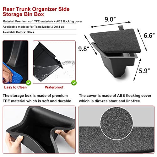 x xotic tech Black Rear Trunk Side Storage Grocery Box w/Lid Reinforced Handle Partition Board Cover Organizer Packet Holder Bin Compatible with Tesla Model 3 2017-2023 - size: Model 3