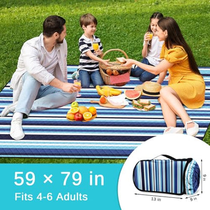 Waterproof Picnic Outdoor Blanket, 79" x 59" Sandproof Foldable Large Picnic Blanket for Beach, Camping, Park, Travel, Concert, Great Gift for Families and Couples (Blue Stripe) - color: Blue Vertical Stripe