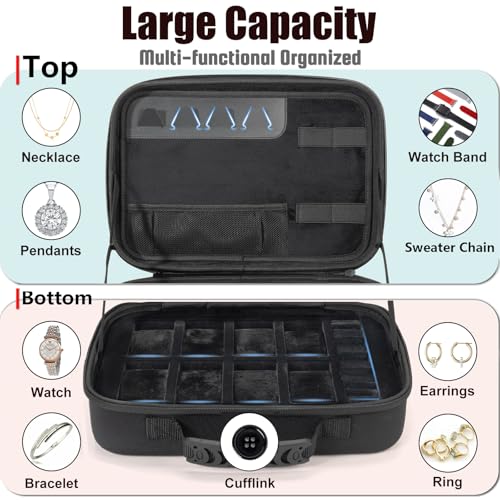 Travel Jewelry Box Watch Case, 8 Slots Watch Organizer for Men Women, Hard Storage Bag with 10 Ring Holders, 4 Necklace Hooks, 4 Watch Strap, Jewelry Bracelets Carrying Case with Soft Pillow
