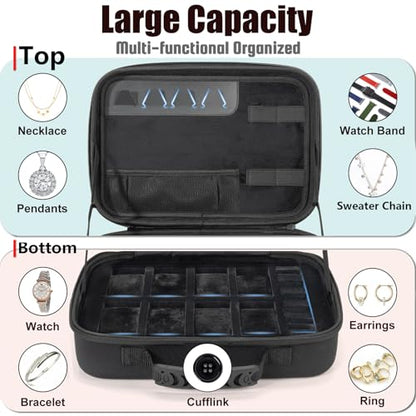 Travel Jewelry Box Watch Case, 8 Slots Watch Organizer for Men Women, Hard Storage Bag with 10 Ring Holders, 4 Necklace Hooks, 4 Watch Strap, Jewelry Bracelets Carrying Case with Soft Pillow
