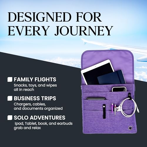 SO~MINE Airplane Pocket Organizer | Tray Table Cover | In Flight Seat Back Organizer Bag | Commuter Essential Travel Bag | Media Pouch For Flying | Travel Gift | Attaches To Luggage - color: Purple