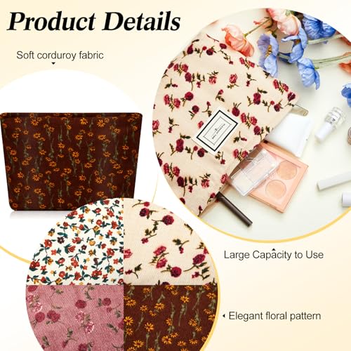 Sanwuta 4 Pcs Corduroy Cosmetic Bags Floral Makeup Bag Corduroy Cosmetic Pouch Flower Travel Toiletry Zipper Bag Large Capacity Aesthetic Purse Organizer Cute Handbags for Women, Girls Gifts, 4 Styles