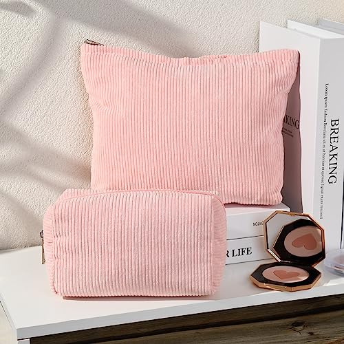 SOIDRAM 2 Pieces Makeup Bag Large Corduroy Cosmetic Bag Capacity Canvas Mix Travel Toiletry Bag Organizer Cute Makeup Brushes Aesthetic Accessories Storage Bag for Women, Corduroy Mix Pink - color: Corduroy Pink