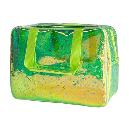 Holographic green Clear Star Large Cosmetic Bag and TPU Travel Pouch with Handle,Durable Material,Zipper Design-Ideal for Makeup,Travel Essentials (Holographic green+stars) - color: Holographic green+stars