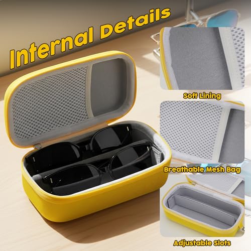 Double Eyeglasses Case,Hard Shell Glasses Case Travel Sunglasses Organizer with Adjustable Slot & Clip for Men Women - color: Yellow