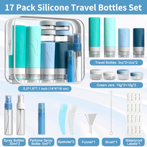 INSFIT 17 Pack Travel Bottles for Toiletries, TSA Approved 3oz 2oz Travel Size Toiletries, BPA Free Leak Proof Squeezable Silicone Tubes Travel Essentials for Shampoo Conditioner Lotion Soap - color: Blue