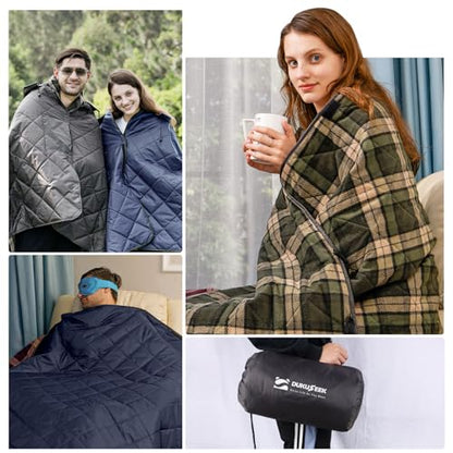 DUKUSEEK Large Outdoor Blanket, Camping Blankets for Cold Weather, Waterproof Windproof Hooded Stadium Blanket 79"x59" Quilted with Extra Thick Fleece, Great for Camping, Picnic, Beach, Car, Dogs - color: Navy Blue Outer With Blue Plaid Fleece