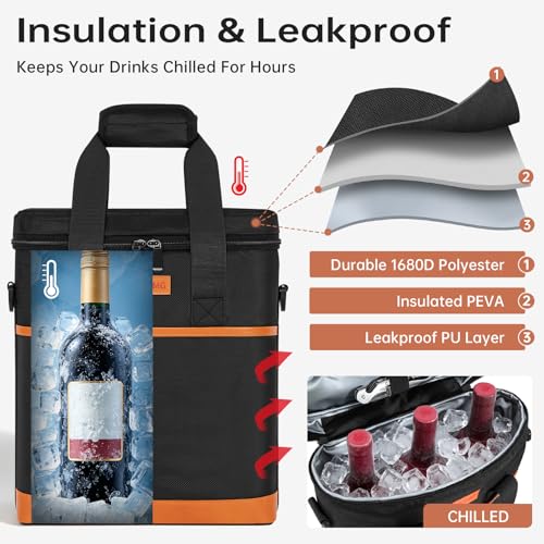 3 Bottle Wine Tote Bag with Adjustable Shoulder Strap & Handle Insulated Padded Wine Cooler Bag Portable Wine Bottle Carrying Case for Picnic, Travel, Party, BYOB