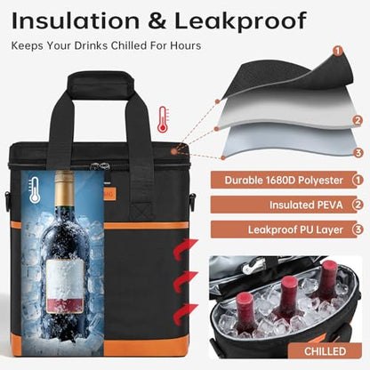 3 Bottle Wine Tote Bag with Adjustable Shoulder Strap & Handle Insulated Padded Wine Cooler Bag Portable Wine Bottle Carrying Case for Picnic, Travel, Party, BYOB