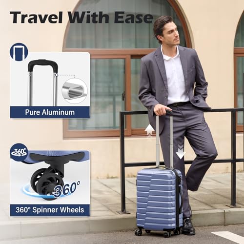 Coolife Carry On Luggage Airline Approved with Spinner Wheels, Hard Shell Suitcase TSA Lock Lightweight Travel Luggage 20-inch,Blue - color: blue, size: Small(20in)