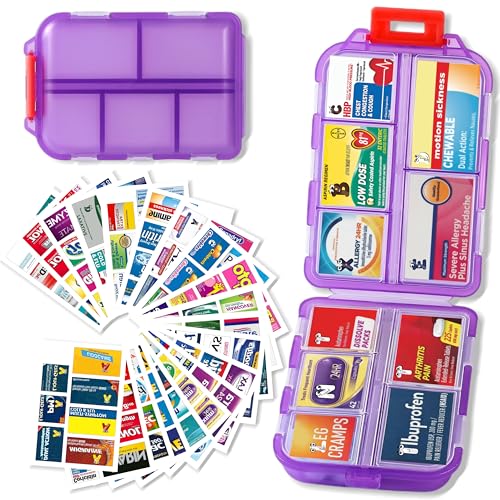 Pill Organizer with Medicine Labels Travel Daily Pill Container Mini Medication Organizer Storage Pill Organizer Travel Essentials Pill Case 7 Day (Purple& 161 Lables) - color: Purple, size: Standard