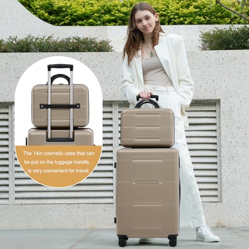 Merax Luggage Set 6 Piece,Lightweight Hardshell Suitcase with Double Spinner Wheels Handle Password Lock,14 IN Cosmetic Case 20/24/28 IN Luggages with Duffel Bag and Toiletry Bag,Khaki - color: Khaki, style: 14+20+24+28+bags